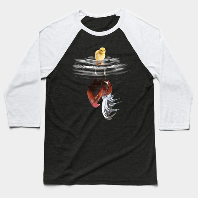 Chick and Rooster Water Reflection Baseball T-Shirt by sueannharley12